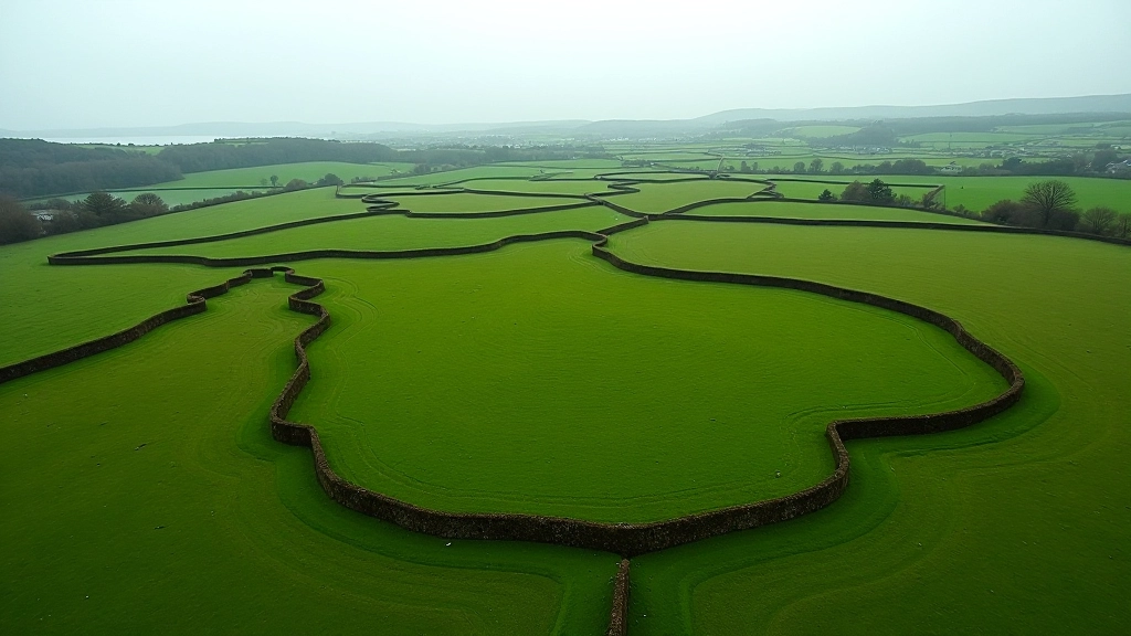 Aerial view of moat field earthworks showing distinct circular and linear defensive patterns in green landscape