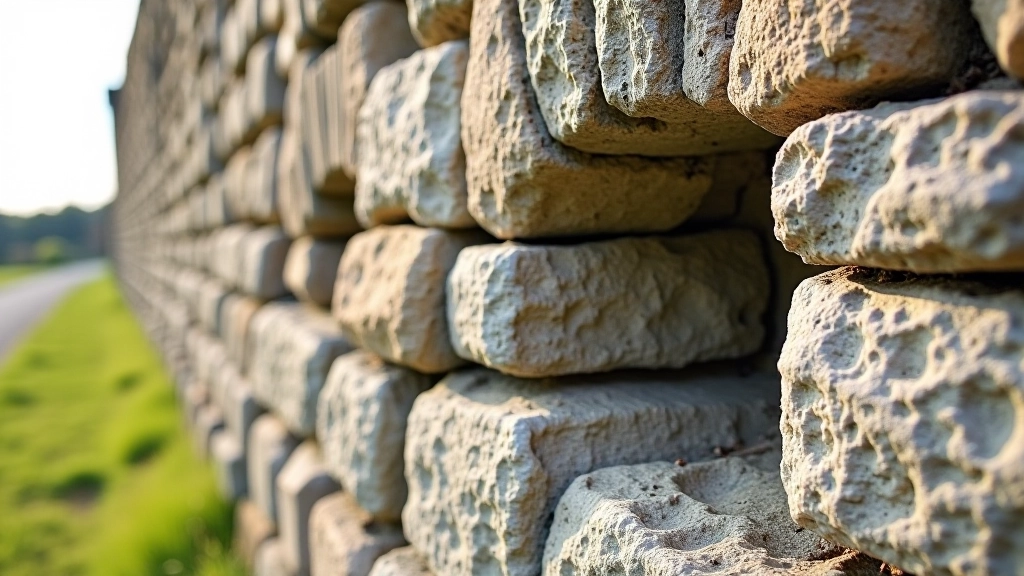 Detail view of ancient stone wall construction showing Norman masonry techniques and weathered stonework patterns