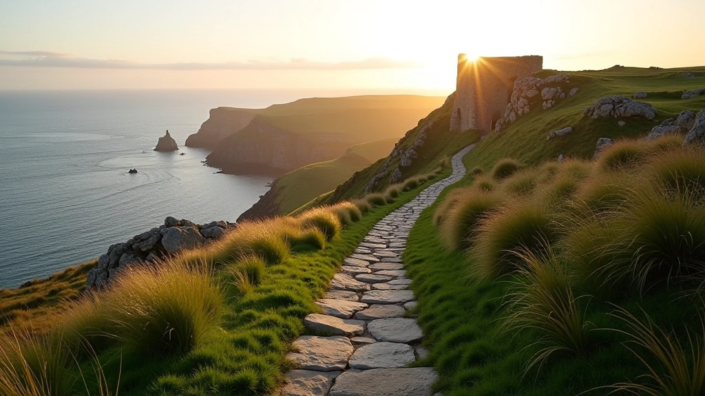 Coastal cliff path with natural stone formations and green grass leading toward distant sea horizon