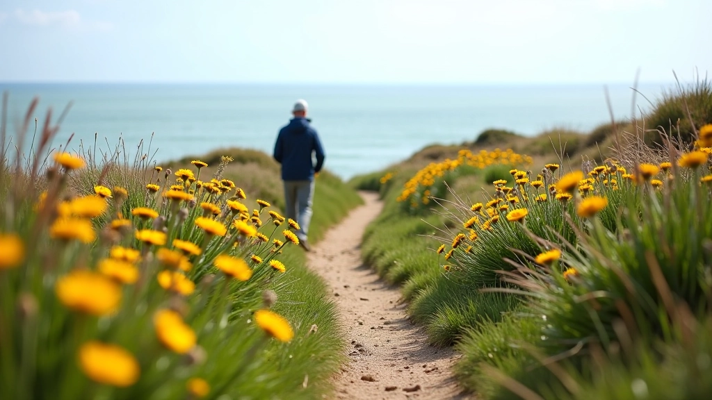 Winding coastal path through scrubland and wildflowers with distant ocean horizon