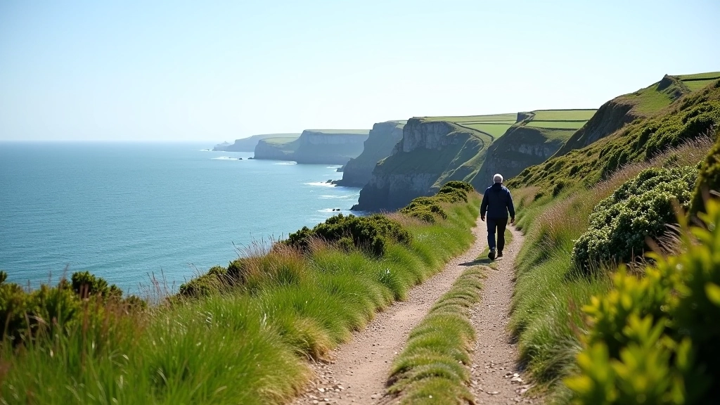 Scenic coastal path overlooking Dunmore East harbour with rolling green hills and blue Atlantic waters