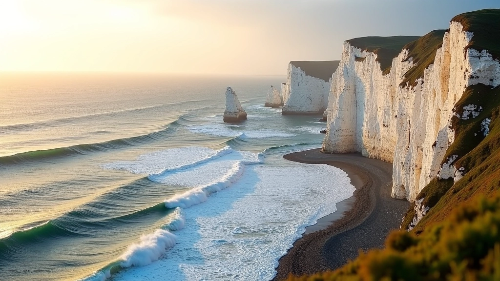 Dramatic coastal cliffs with white stone faces dropping to blue ocean, golden hour sunlight