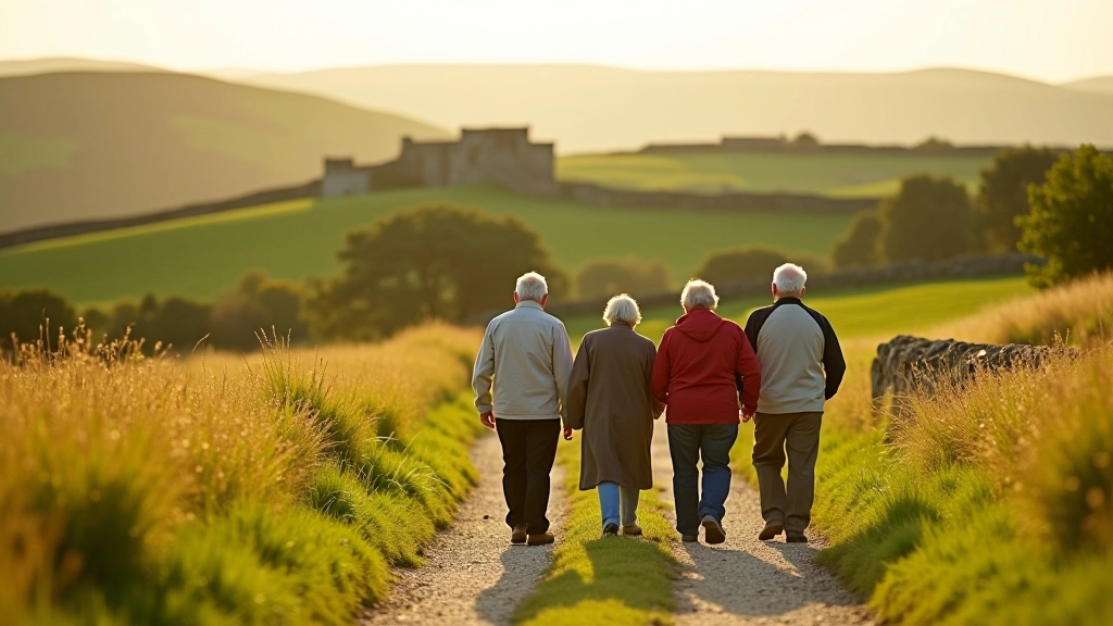 Retired walkers enjoying scenic countryside path with green hills and historic stone structures in Waterford