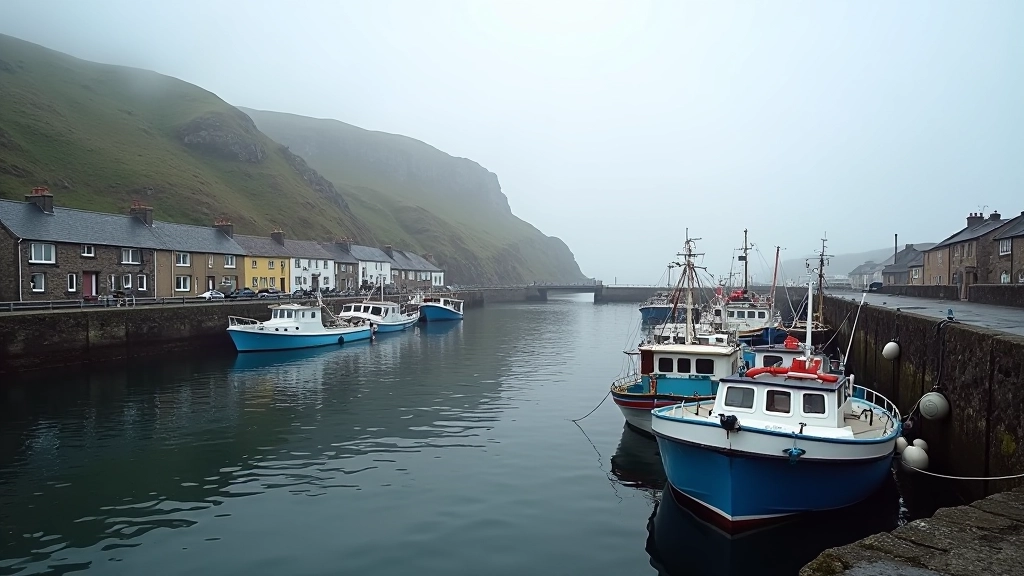 Waterfront harbor village with fishing boats moored at dock, stone buildings, misty cliffs visible beyond