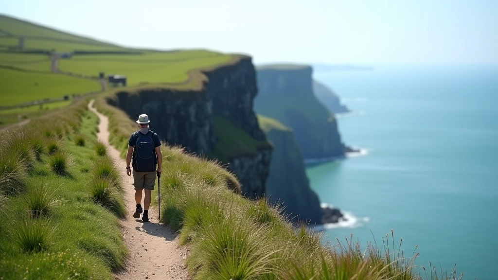 Hiker walking along narrow cliff edge path with dramatic drop-off, ocean far below, green hillside