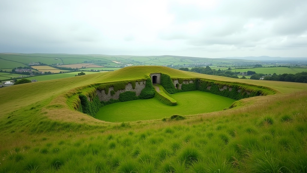 Moat field landscape with grassy embankments, ancient earthworks, and rolling Irish countryside