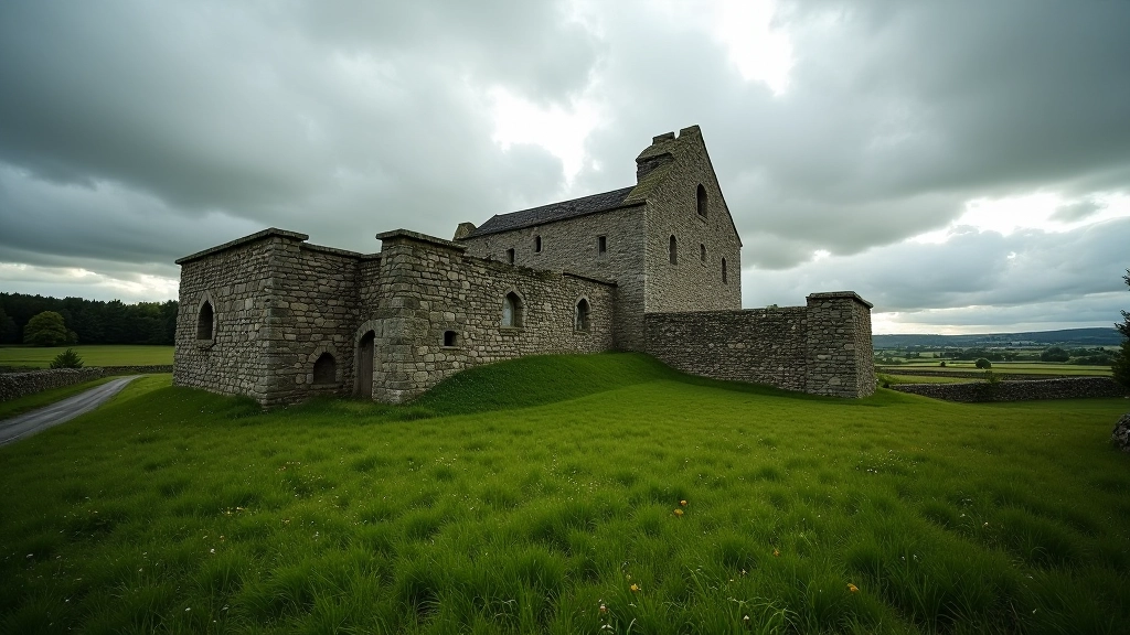 Ancient Norman stone keep with weathered walls surrounded by green grass fields under cloudy sky