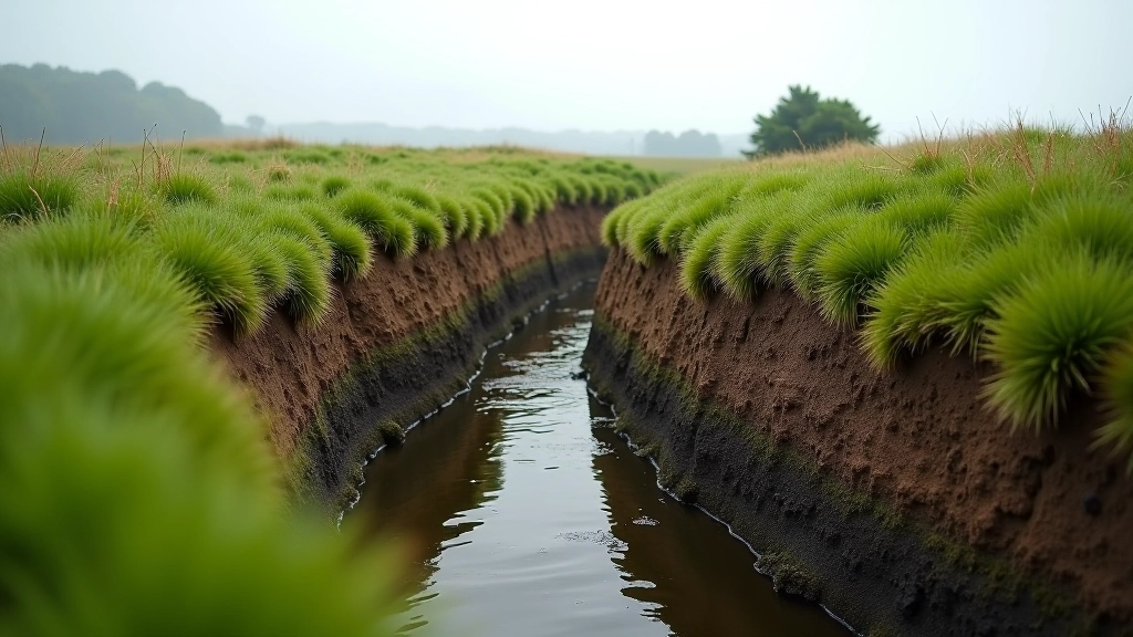 Close-up detail of moat embankment showing layered soil, grass coverage, and water-filled ditch section with surrounding vegetation