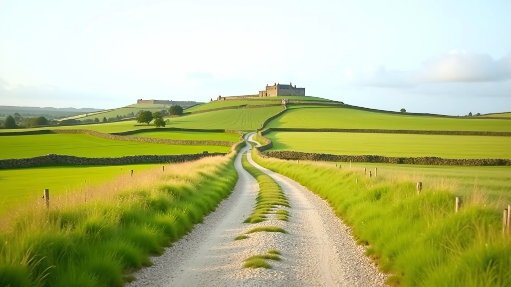 Walking path through rural countryside with ancient fortification visible in distance across green fields