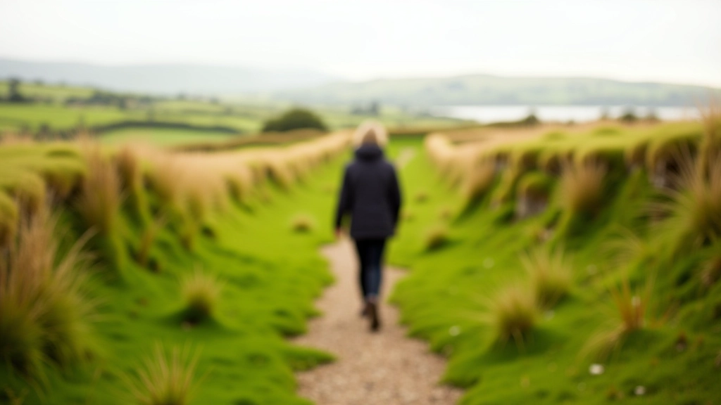 Walking path through moat field with embankments on either side, demonstrating navigation route and scale of medieval earthworks