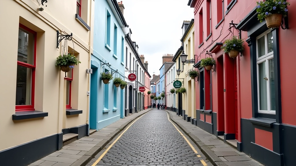 Narrow cobblestone street lined with colorful painted houses, hanging flower baskets, small shop windows with traditional storefronts