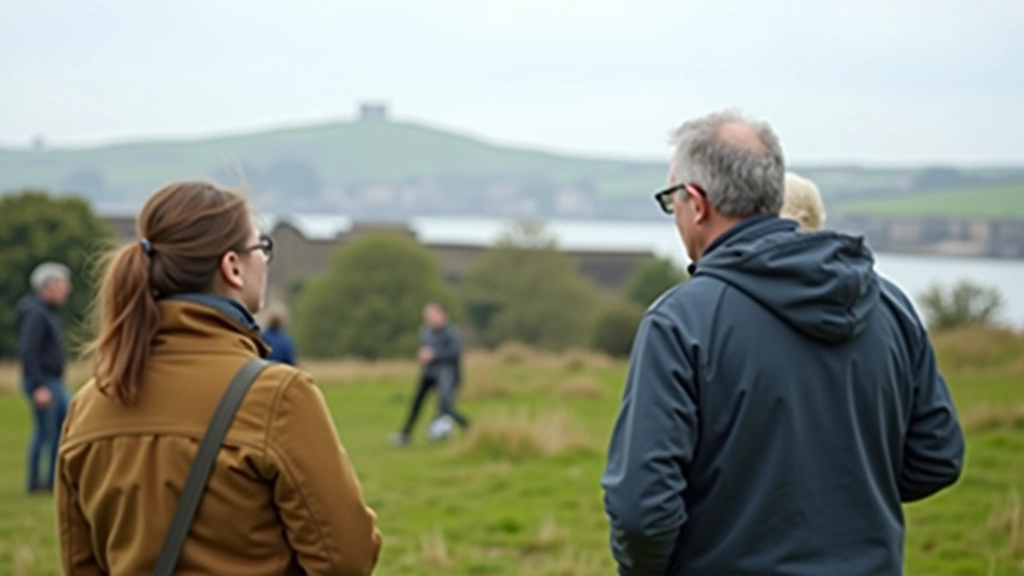 Experienced walking guide pointing out architectural details of historic Norman stone structures to a small group of engaged participants on a walking path