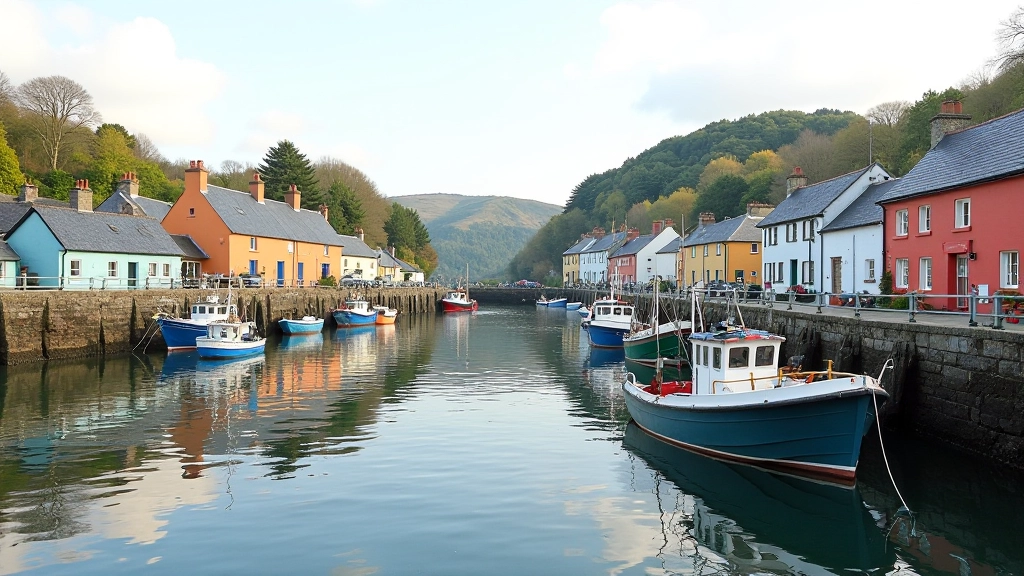 Charming harbor village with fishing boats, colorful waterfront buildings, and calm water reflection