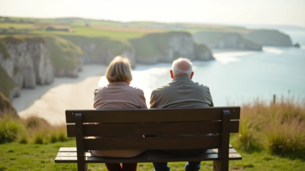 Retired couple enjoying peaceful moment overlooking coastal landscape with walking boots and map visible