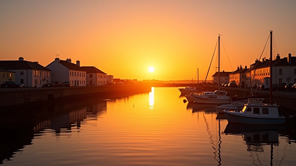 Sunset over calm harbor water with silhouetted boats and waterfront buildings reflected in still water