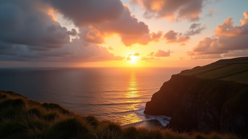 Sunset over ocean from cliff viewpoint, golden light reflecting on water, dramatic sky