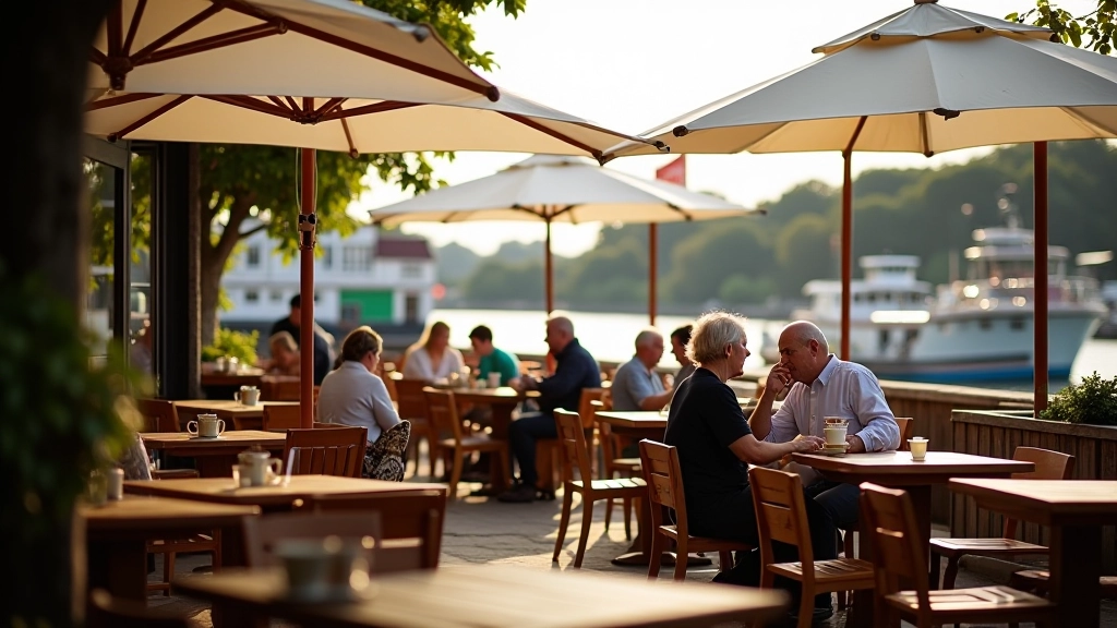 Waterfront cafe with outdoor seating overlooking harbor, wooden tables and chairs, parasols providing shade, boats visible in background