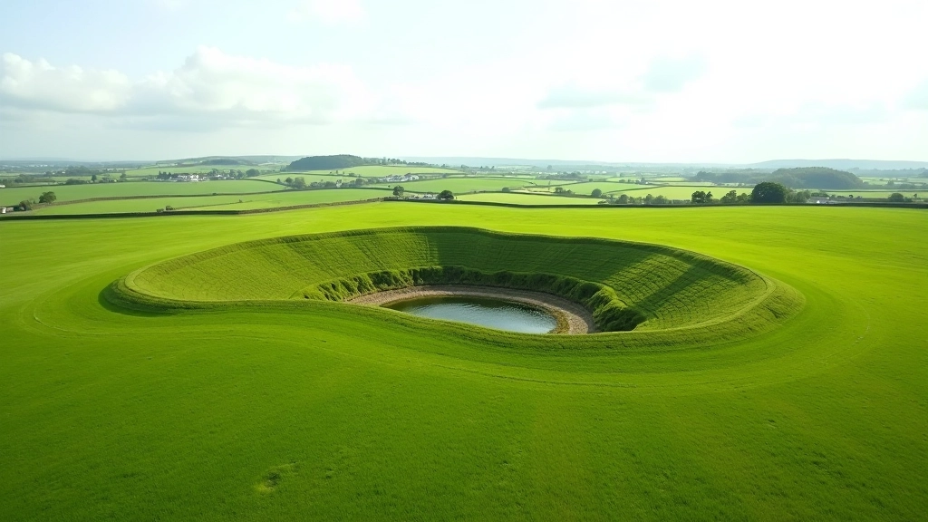 Wide landscape view of medieval earthwork moat outline visible as subtle depression in green grass field, ancient fortification remains