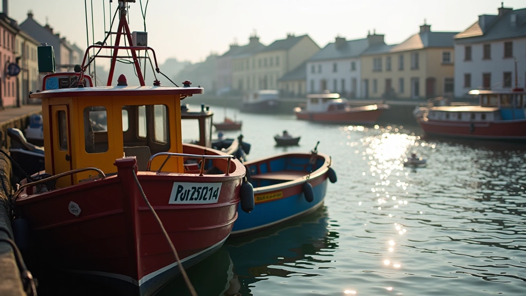 Working harbor with traditional fishing boats moored at wooden dock, morning sunlight, waterfront buildings in background